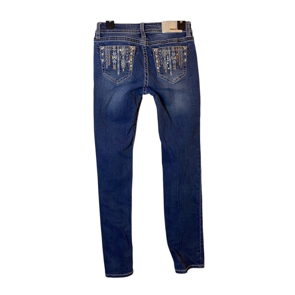 Gracie in LA Women's Blue Jeans Embellished Pockets Distressed Style Size 27x32
